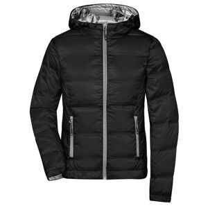 James & Nicholson Lehká dámská péřová bunda s kapucí JN1151 - Černá / stříbrná | L