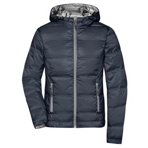 James & Nicholson Lehká dámská péřová bunda s kapucí JN1151 - Tmavě modrá / stříbrná | XXL