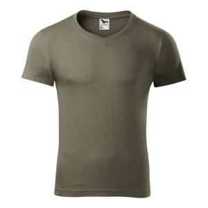 MALFINI Pánské tričko Slim Fit V-neck - Army | S
